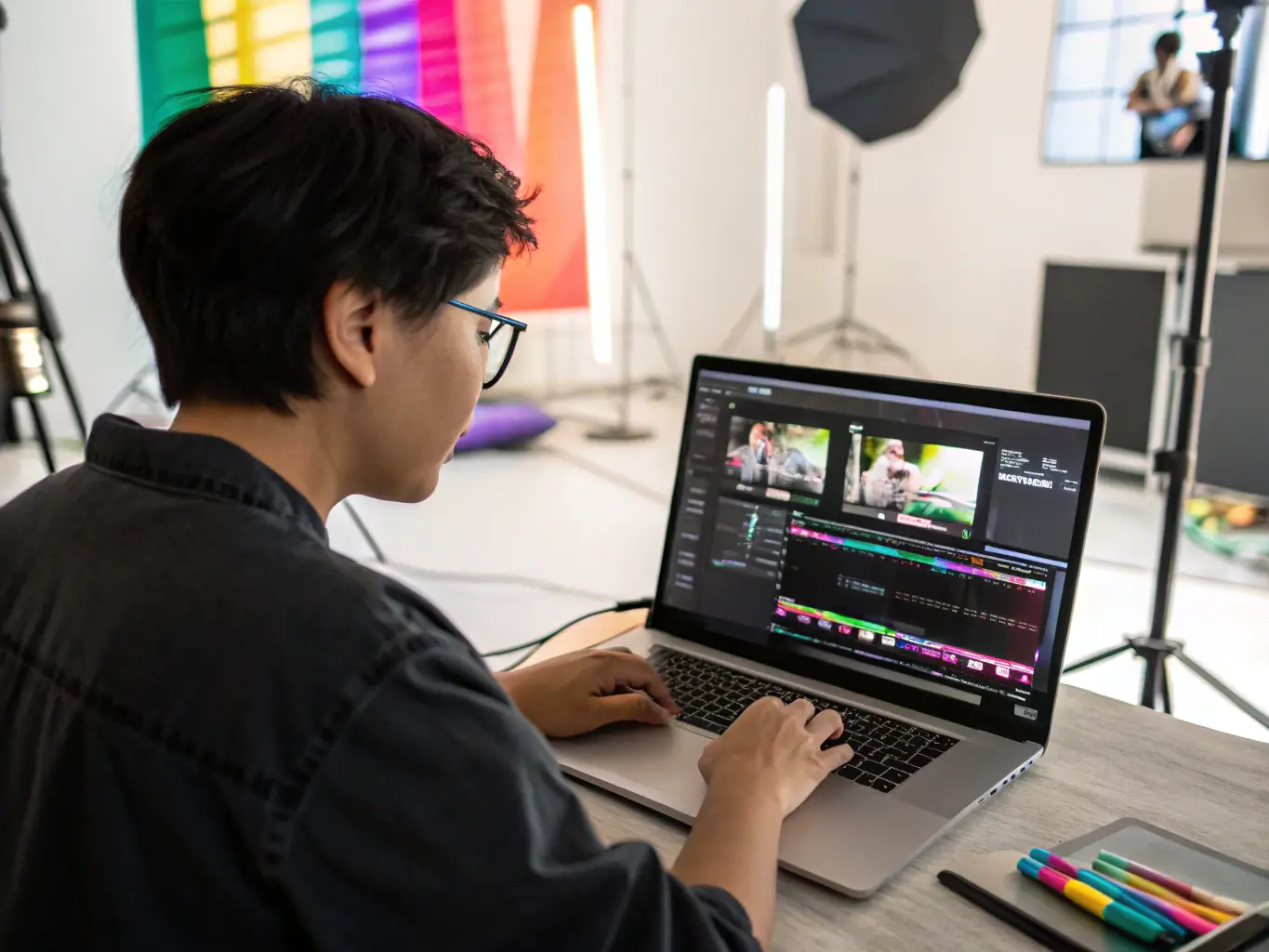 A digital artist using AI-powered tools on the 91 Sakura platform to enhance a video project, showcasing the platform's advanced editing capabilities.